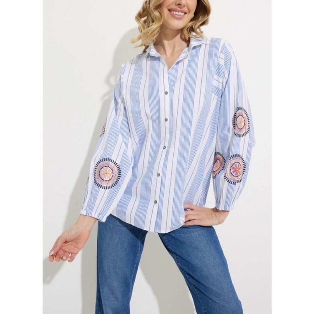 NIC+ZOE Embroidered‎ Cotton Blue Stripe Button Top Shirt Blouse Size Small